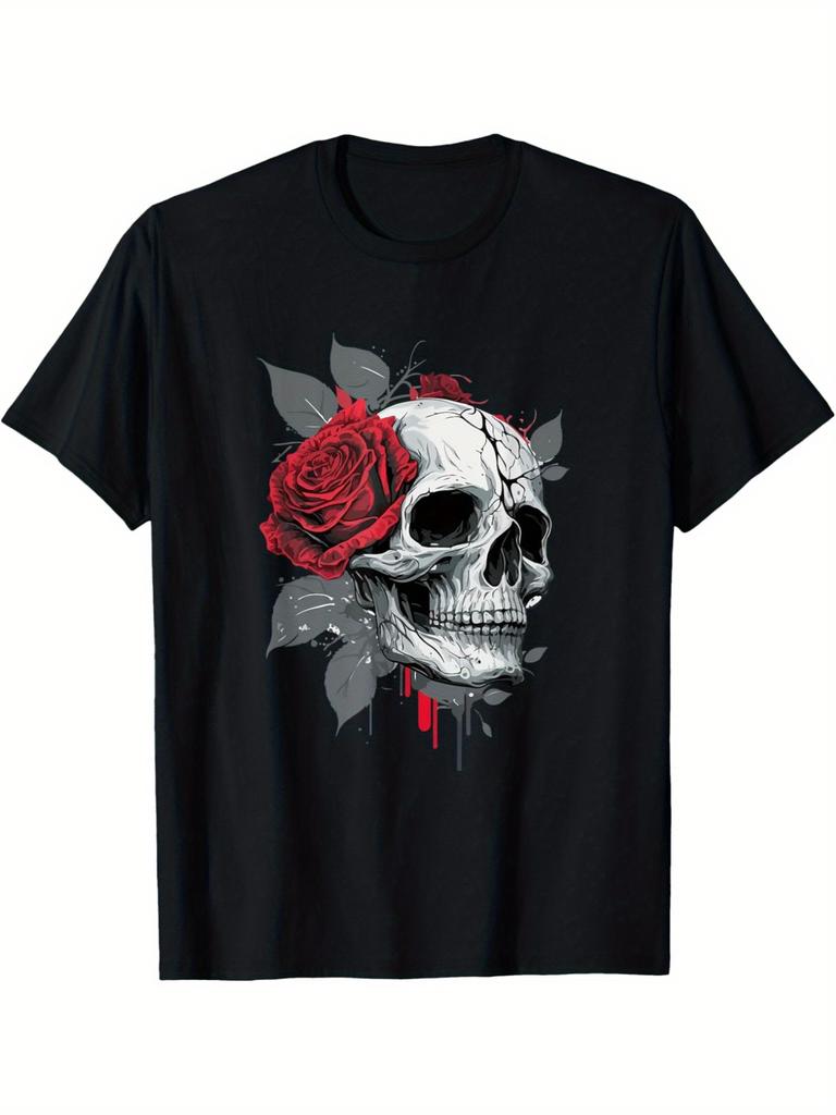 Totenkopf und Rote Rose Grafik T-Shirt Herren Damen Freizeit Baumwolle Kurzarm T-Shirt Streetwear Print