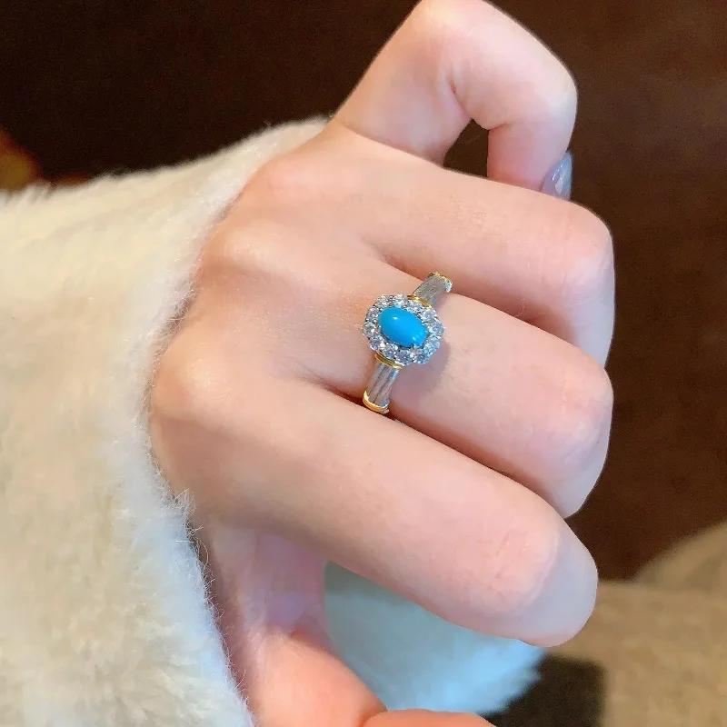 Pierścionki turkusowe z serii kwiatowej dla kobiet Lekki luksus inkrustowany cyrkonią modny urok kreatywny pierścionek styl dla par cyrkonia