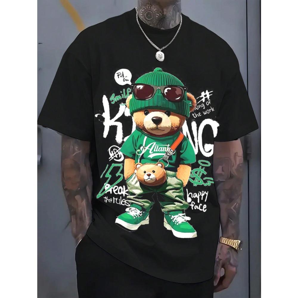 Camiseta para Hombre con Estampado Digital 3D de Oso Punk, Patrón de Oso de Dibujos Animados, Cómodo Top de Manga Corta, Ropa para Exteriores para Hombre