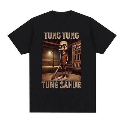 Tung Tung Sahur Italienisches Gehirn Interessantes Meme T-Shirt Mann Kurzärmlig modisch und humorvoll Reines Baumwoll-T-Shirt Rundhals