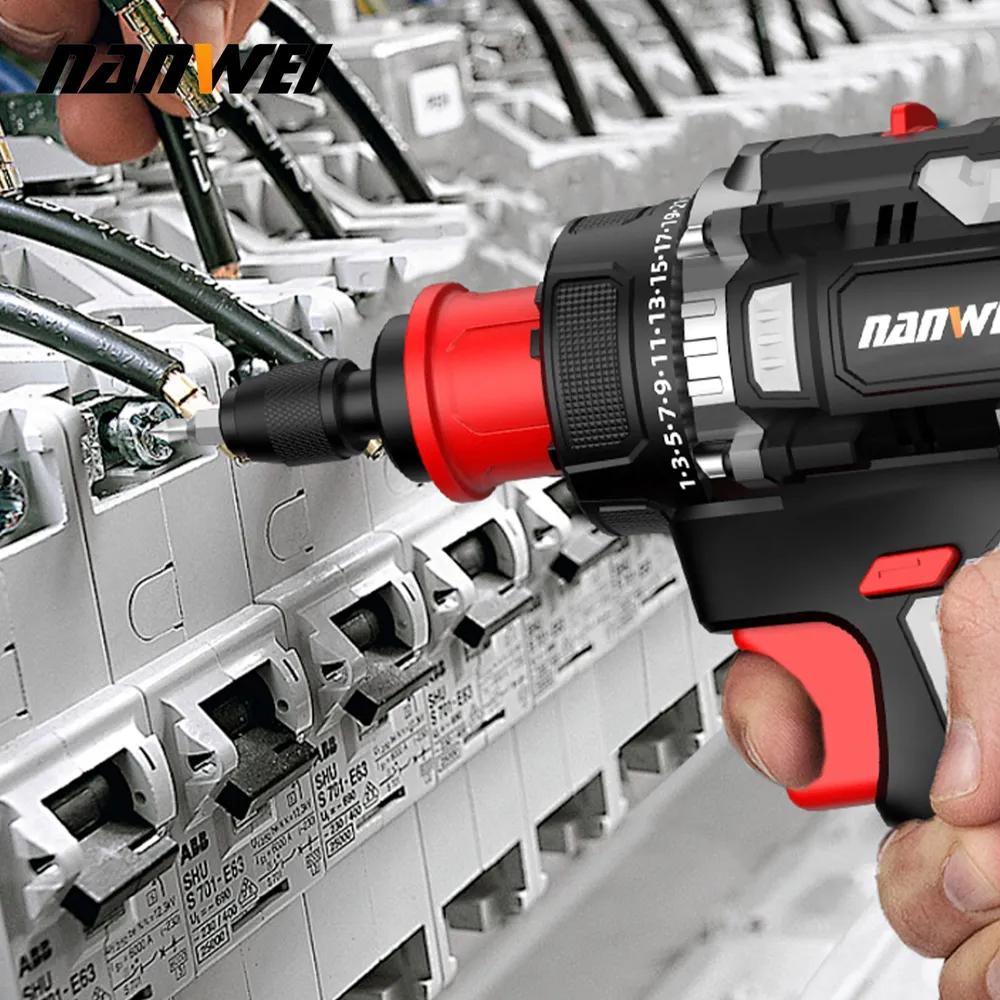 NANWEI 21V 2.0Ah Brushless Lithium-ion Cordless Electric Screwdriver Handheld Universal Electric Screwdriver with 4 Types of Chucks