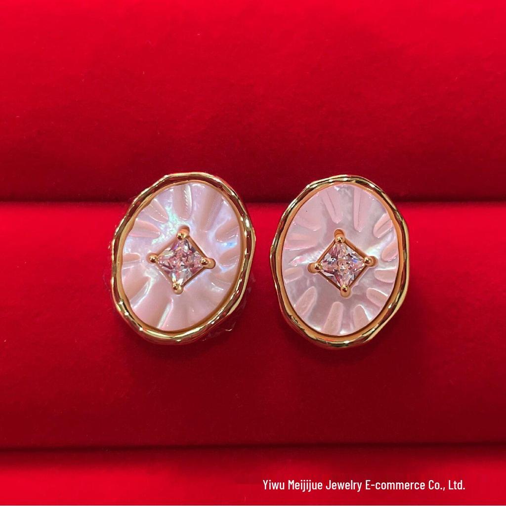 Vintage Red Agate & Zircon Inlaid Oval Shell Daisy Stud Earrings - Versatile Jewelry for Daily Wear