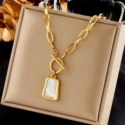 Geometrische Trapezförmige Simulationsperle Auster Anhänger Halskette für Frauen OT Schnalle Kette Schmuck Geschenke