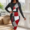 Women's Fashion Spring Fall Geometric Print Long Sleeve O-Neck High Waist Casual Dresses