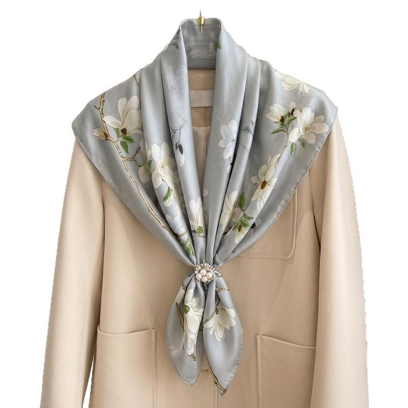 Elegant Chinese style blue magnolia silk large square scarf shawl silk scarf female gift mother mother mother-in-law elders