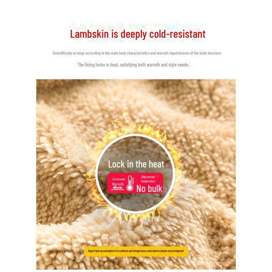 Lammskinnshuvtröja för män, höst/vinter 2023, trendig enfärgad, plus sammet, förtjockad jacka
