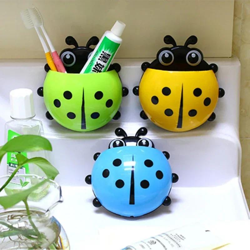 Ladybug Toothbrush Holder Cute Cartoon Animal Toothbrush Toothpaste Wall Suction Holders Rack for Kids Container Organizer