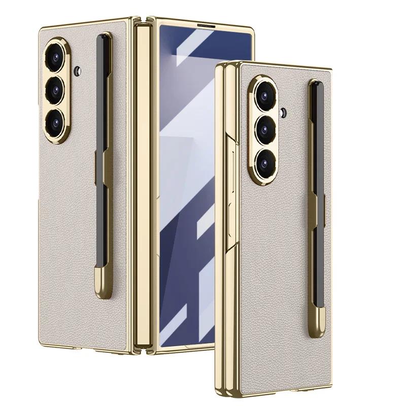 Zijde PU Leer Gehard Beschermfolie Penhouder met Pen Telefoonhoesje voor Samsung Galaxy Z Fold 7 Fold7 Scharnier Beschermhoes