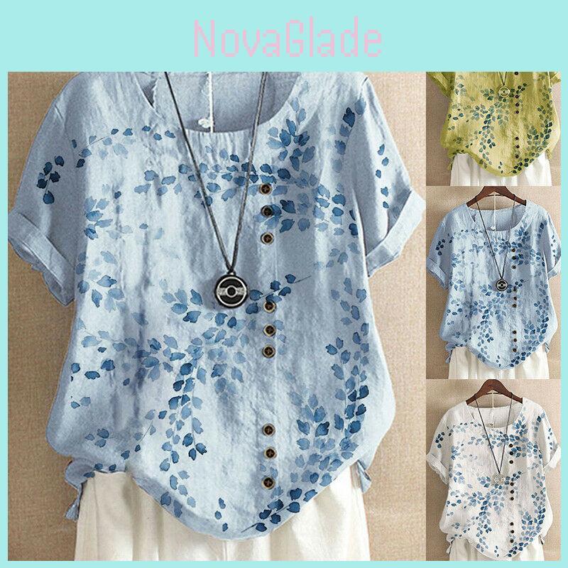 Women's Cotton Linen Floral Blouse With Short Sleeves For Summer Comfort