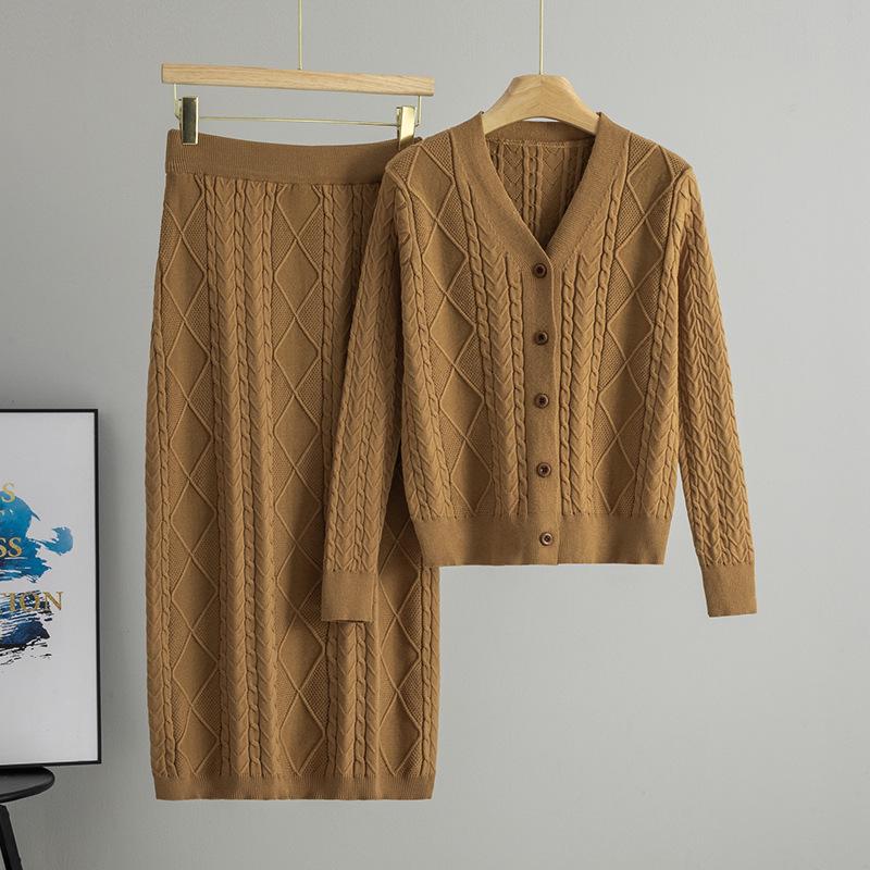 Women's Retro Cable Knit Two-Piece Set: Cardigan & Long Skirt