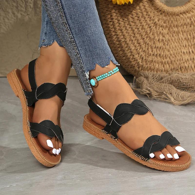 Fashion Summer Beach Flat Heels Sandals Women Plus Size 43 Woven Band Non Slip Rome Shoes Woman Back Strap Pu Leather Sandalias De Mujer