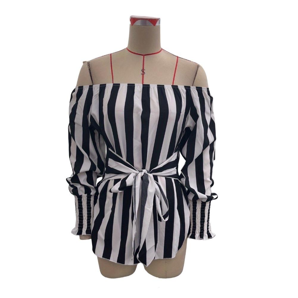 Women's Fashion Loose Strapless Lantern Sleeve Asymmetric Hem Striped Shirt