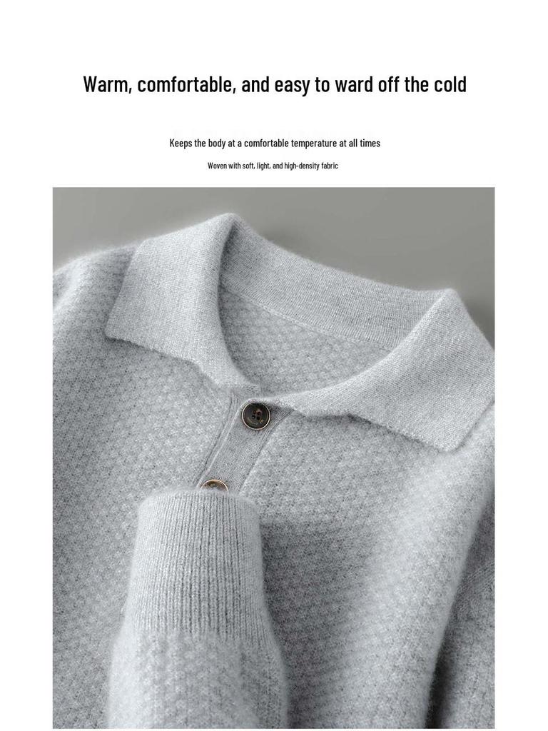 Men's Pure Wool Polo Collar Cardigan: Loose, Button-Up, Business Casual Cashmere Knit Sweater