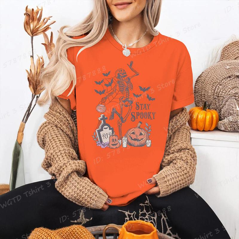 Funny Halloween Skeleton  Pumpkin Letter Print Tshirts Trendy Casual Short Sleeve Crew Neck Tees Tops Womens Clothing