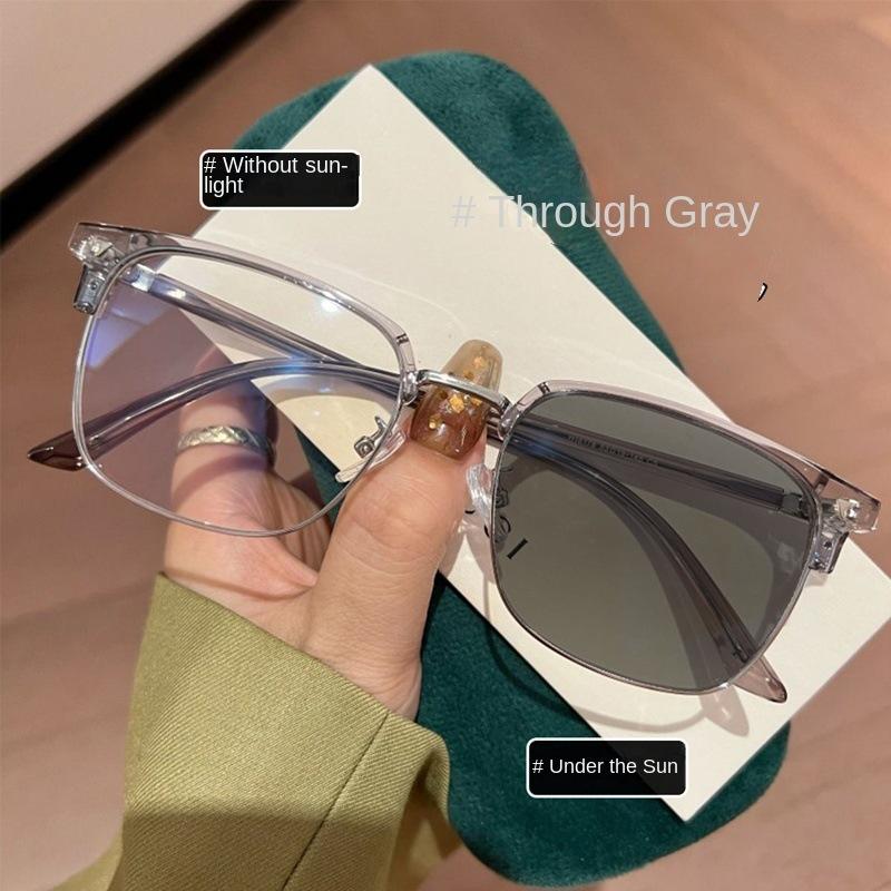 Ruffian handsome half-frame photosensitive color-changing glasses men's anti-blue light high-value plain glasses retro black-frame glasses frame women