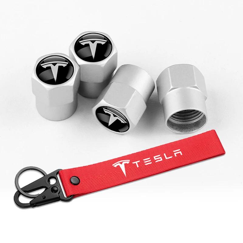 Bilklistermärke Tesla 4 st Bilhjul Däckventilhatt Nylon Nyckelring Snöre Nyckelringar För Tesla WYE Invader Juguete Modell 3 Y S X Spa