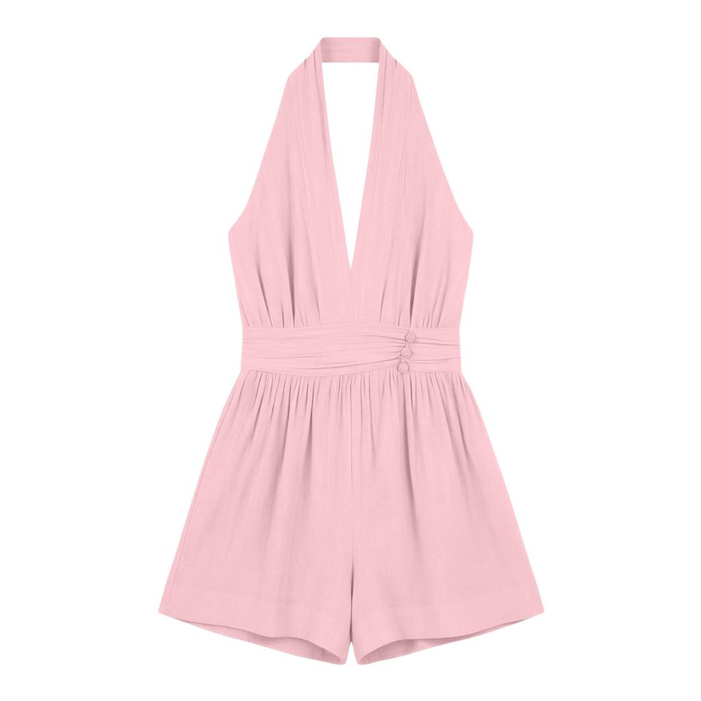 Women's Color V-Neck Waist-Tie Romper for Casual Vacation