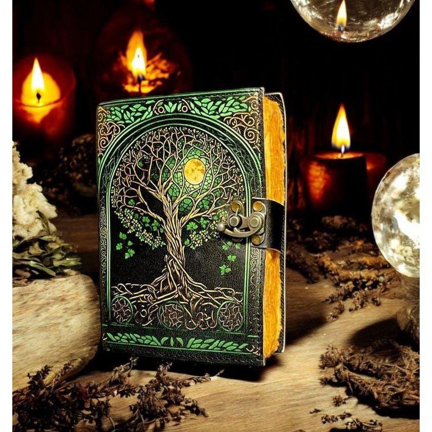 Grimoire Vintage Leather Journal, Tree of Life Fat Journal, Blank Spell Book of Shadows Celestial Gifts For Him Her