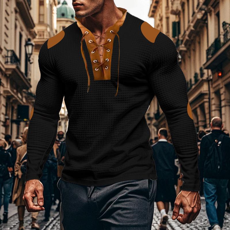 

Осенняя новая мужская лоскутная цветная бретелька с V-образным вырезом, повседневная футболка с длинным рукавом, мужская спортивная футболка 3XL чёрный