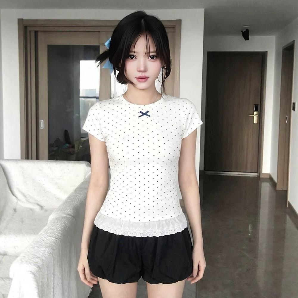 Korean girl polka dot lace short-sleeved t-shirt women s summer design lace splicing sweet spice shoulder top S белый