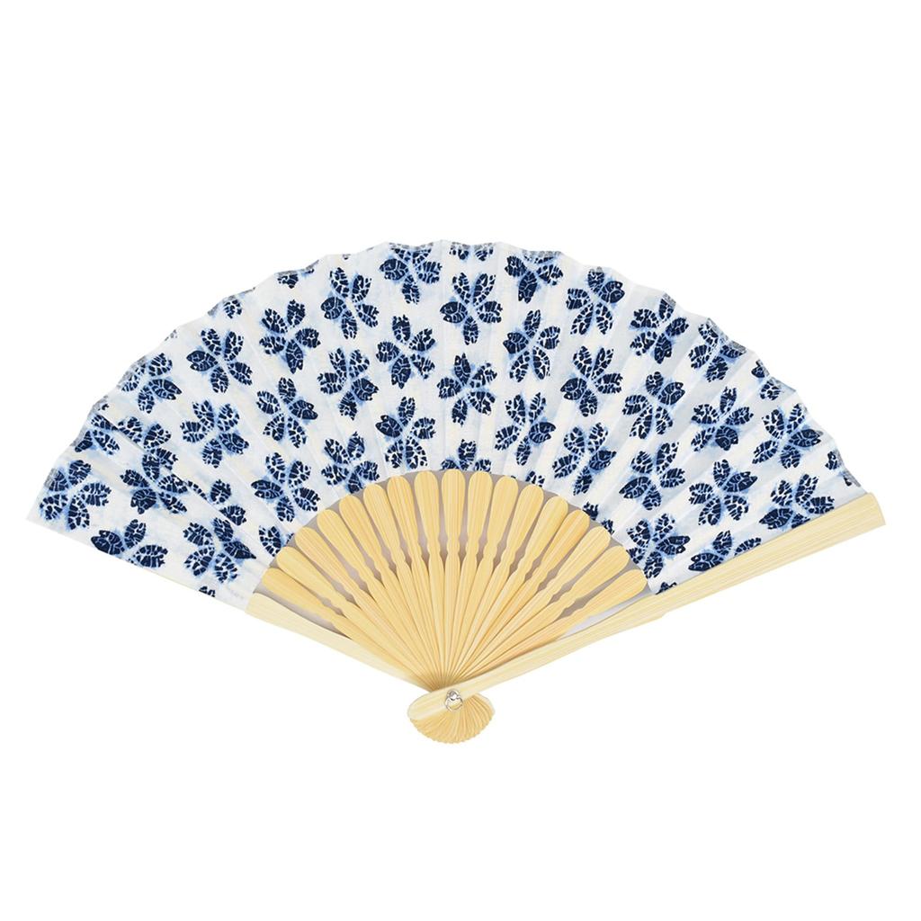 Onishi Kensei Sales Women's Fabric Folding Fan, 20cm, Shibori Cherry Blossom Design, White and Blue, 'Ripple' S16-LN09