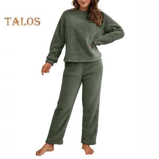 2 Pcs/Set Pajama Set Autumn Winter Casual Outfit Top Pants Set Round Neck Long Sleeve Top Elastic Waist Sport Tracksuit Daily Clothes Sleepwear
