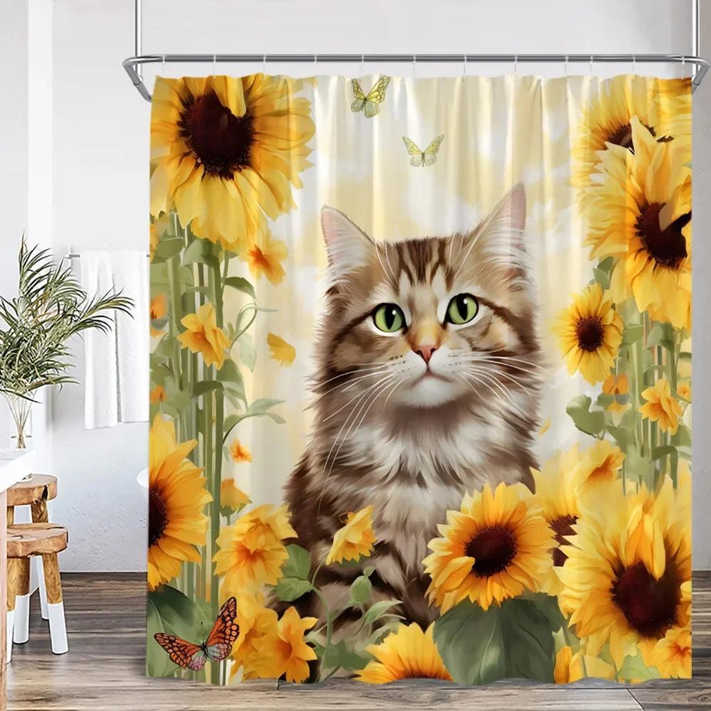 Cute Cat Shower Curtain Flower Cartoon Animal Sunflower Plant Floral Bathroom Home Decor Modern Polyester Bath Curtain with Hook