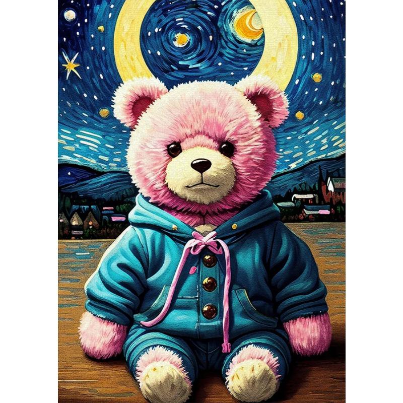 Růžový plyšový medvídek Hvězdná obloha Vintage malba Tisky Plyšový medvídek Roztomilá kreslená malba Dětský pokoj Školní plátno Dekorace
