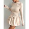 Women's Crew Neck Long Sleeve Mini Dress Slim Mid Waist Solid Bubble Skirt Bodycon Dress