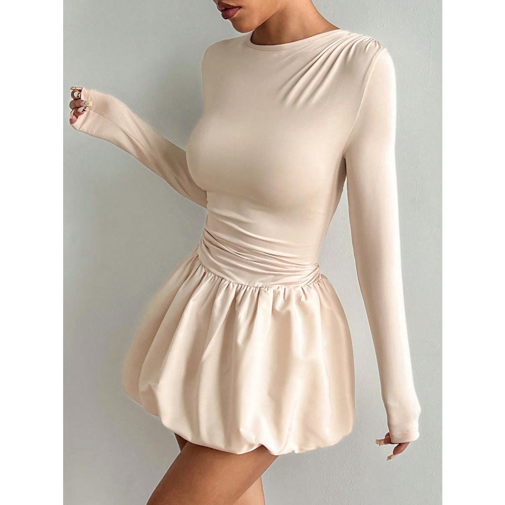 Women's Crew Neck Long Sleeve Mini Dress Slim Mid Waist Solid Bubble Skirt Bodycon Dress