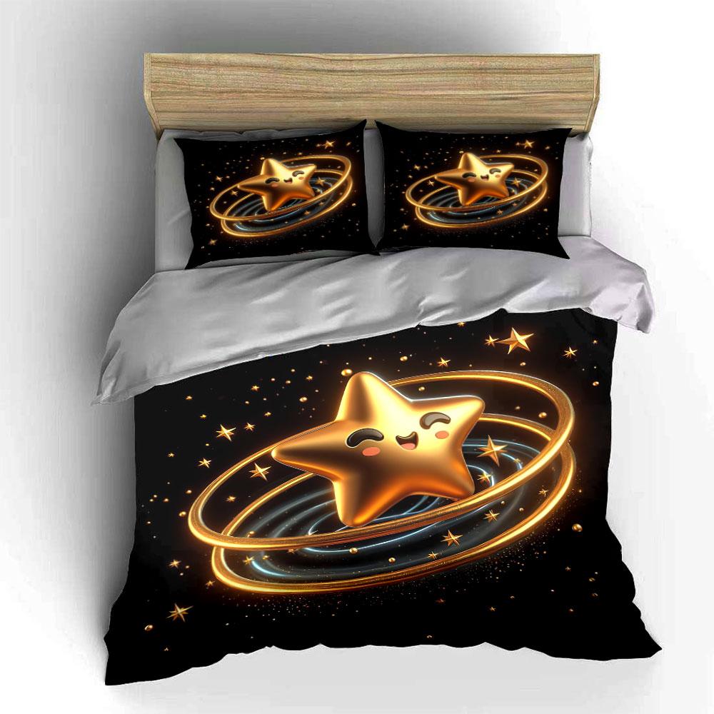 Golden Star Decor Set Bedding Set With 1 Duvet Cover 2 Pillowcases Single Double King Queen, Gift