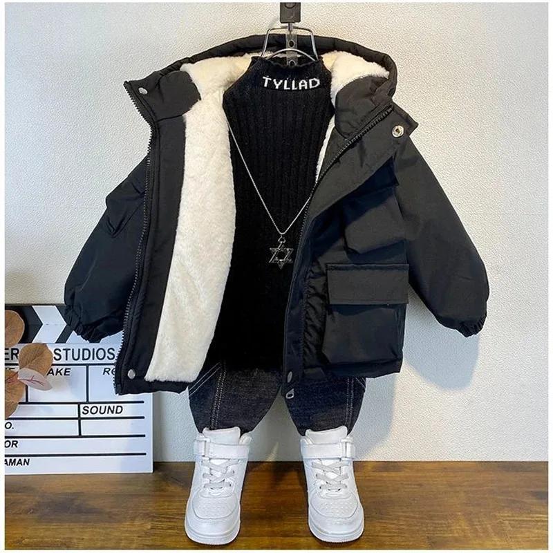Winter Daunenjacke aus Baumwolle für Jungen, schwarzer Kapuzenmantel, Kinderoberbekleidung, Kleidung für Teenager, Parka, gepolsterter Schneeanzug
