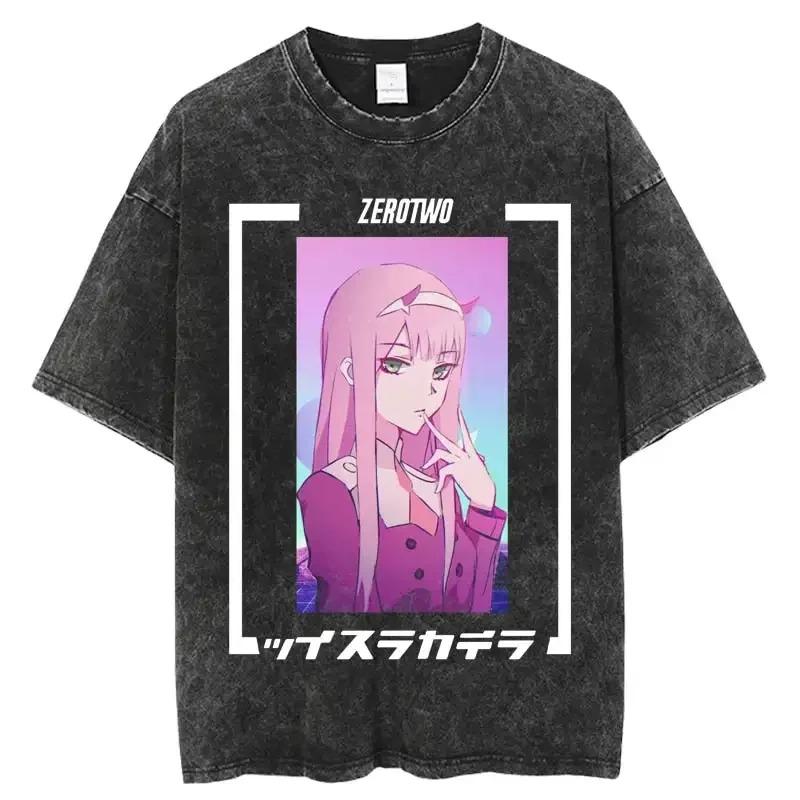 

Zero Two Darling in The Franxx Винтажная кислотная стирка Аниме Футболка Вапорвейв Эстетика Черная Оверсайз Унисекс Уличная Одежда Фан Футболка L