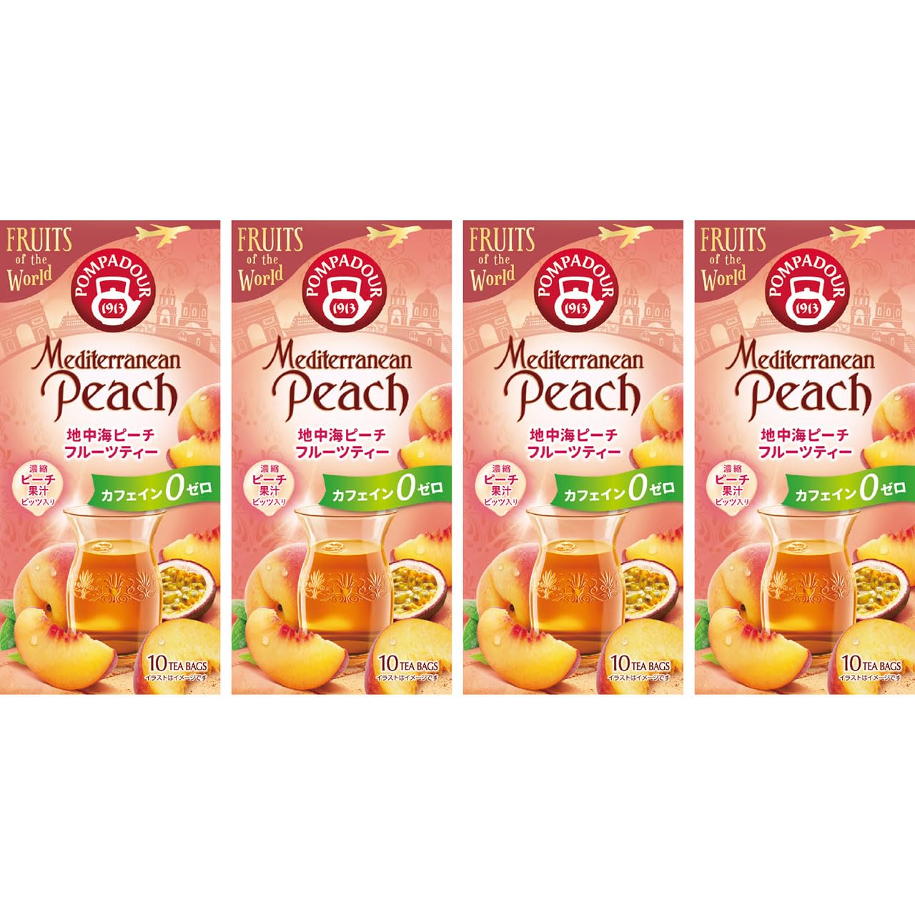 Pompadour Средиземноморский Персик Фруктовый 10 пакетиков x 4 со смесью концентрированного персикового сока и цитрусовых, идеально для чая, пакетики, без кофеина, кусочки,