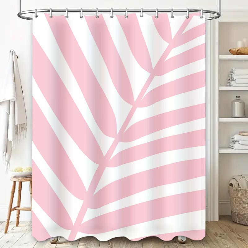 Leaf Striped Shower Curtain Waterproof Bathroom Decor Soft Fabric Shower Panels for Kids Bathrooms Light Pink White
