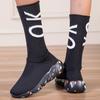 Thick Sole Long Boots for Women Elastic Socks Shoes Boots Mid-calf Round Toe Low Heels