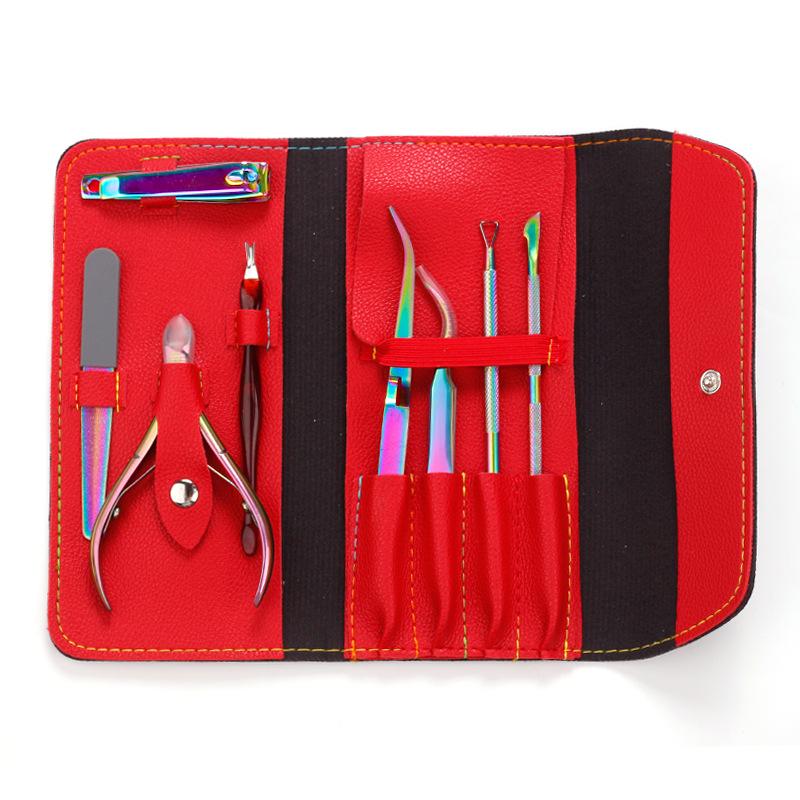 Manicure Tool Set: Precision Tweezers, Small Scissors, Clippers, Pusher, High-End Leather Case