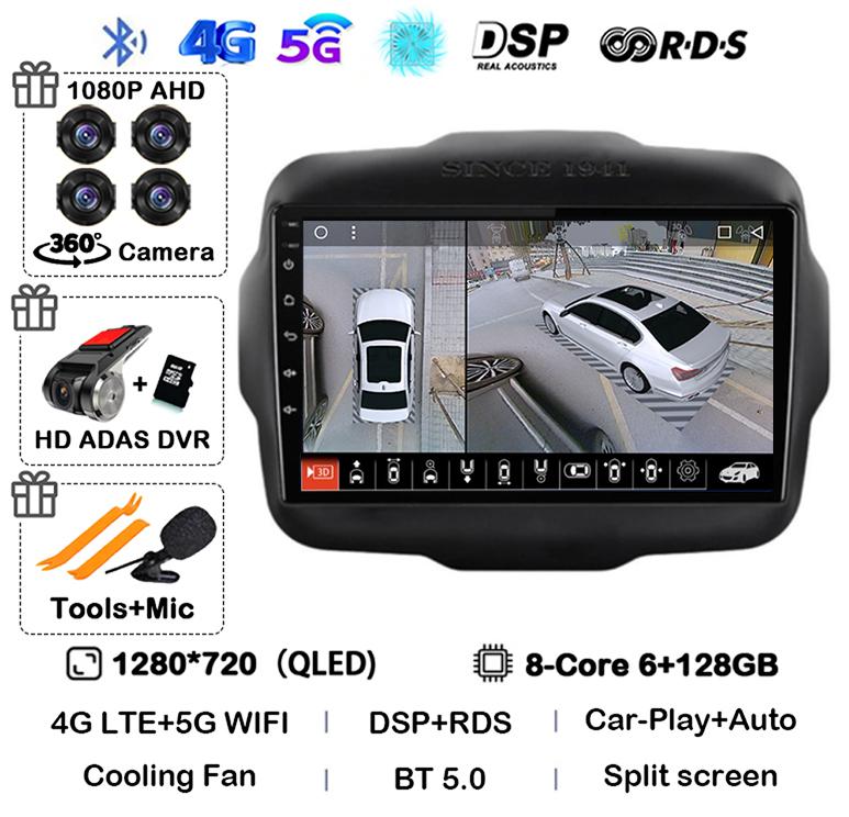 Android 14 Auto Carplay WIFI+4G LTE Car Radio For Jeep Renegade 2016 2017 2018 2019 2020 Multimedia Player GPS Stereo 360 Camera