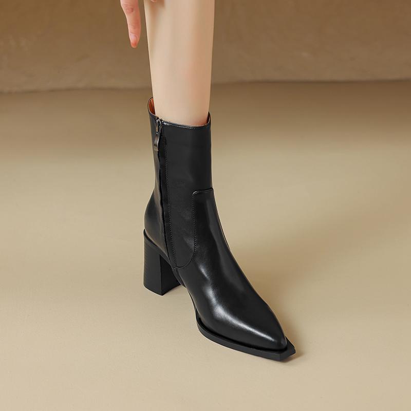 

Krazing Pot Зимние туфли из коровьей кожи на толстом высоком каблуке Ботинки Челеса для офиса, женские ботильоны на молнии, сохраняющие тепло 40 чёрный