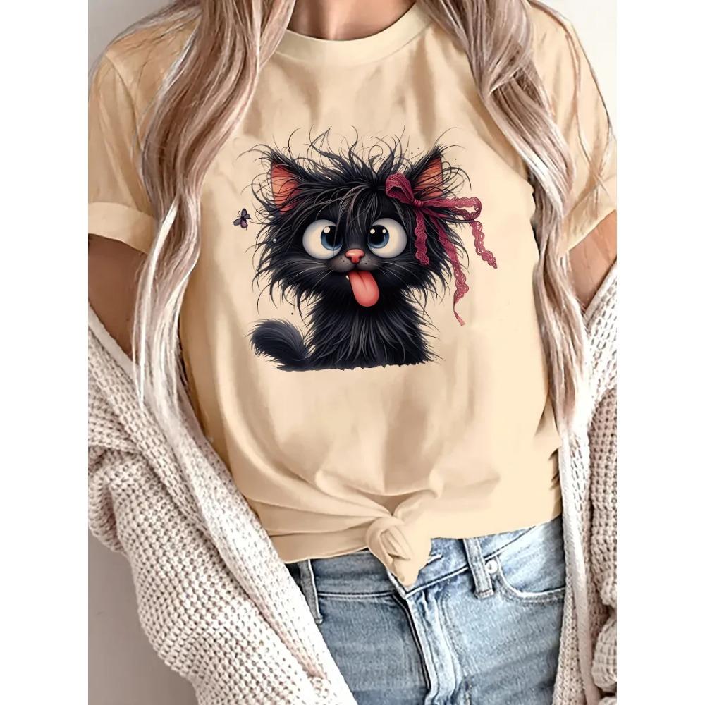 Women's Funny Fried Cat Cartoon T-Shirt with Playful Bow Butterfly Print  Women's Casual  Short Sleeve T Shirt Clothing Top Tee