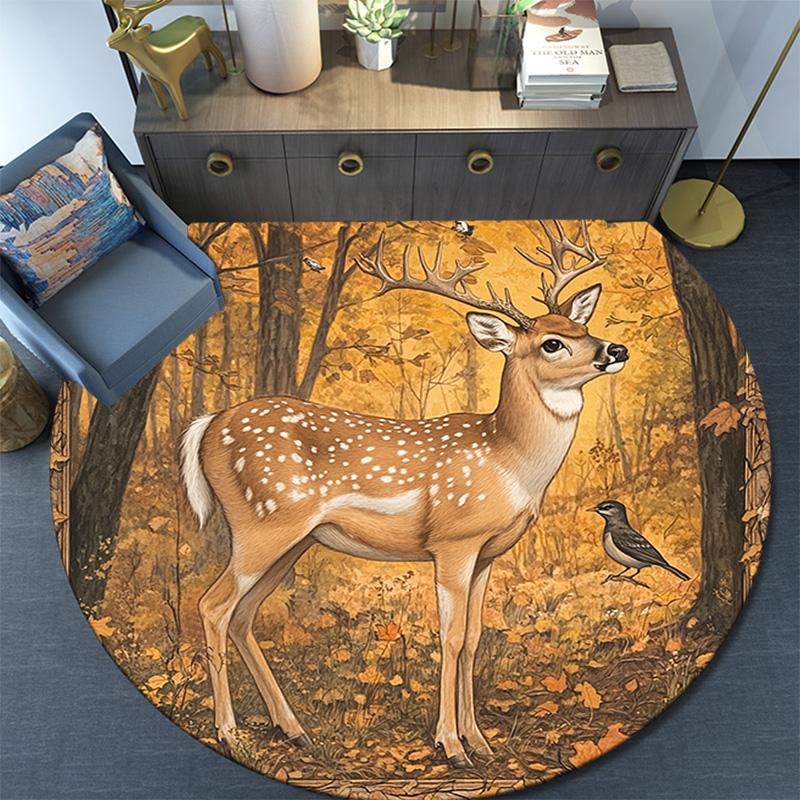 Forest Deer Round Area Rug,Carpet Rug for Living Room Bedroom Sofa Playroom Decor,Non-slip Floor Mat