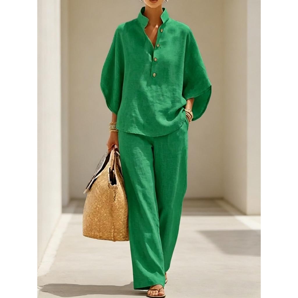 Women's Loose Fit Stand Collar Three Quarter Sleeve Linen Blend Two Piece Pant Set