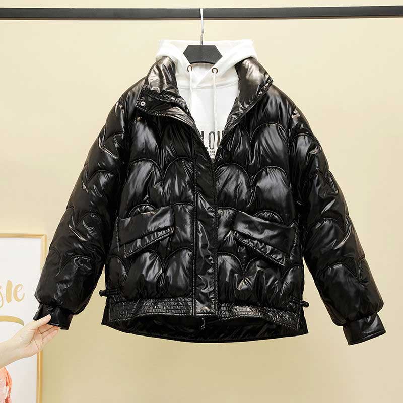 

Блестящая хлопковая куртка-пуховик женская короткая зимняя корейская версия свободного хлопкового пальто однотонная маленькая верхняя одежда без стирки S чёрный