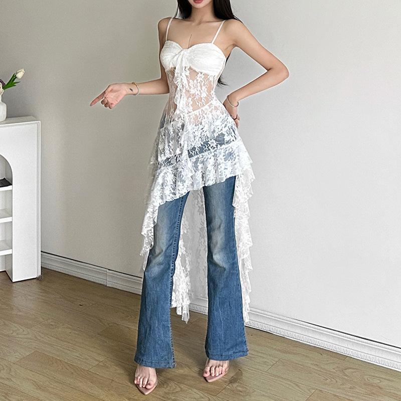 Dameblonder Uregelmessig Lang Kjole Camis Etui Sensuell Gjennomsiktig Kjole Mote Streetwear Utsparinger Volanger Kjoler