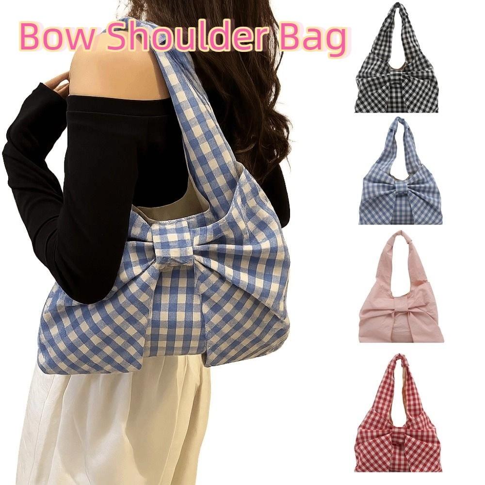 Bowknot Bow Shoulder Bag Large Capacity Plaid Tote Bag Simple Handbag Travel