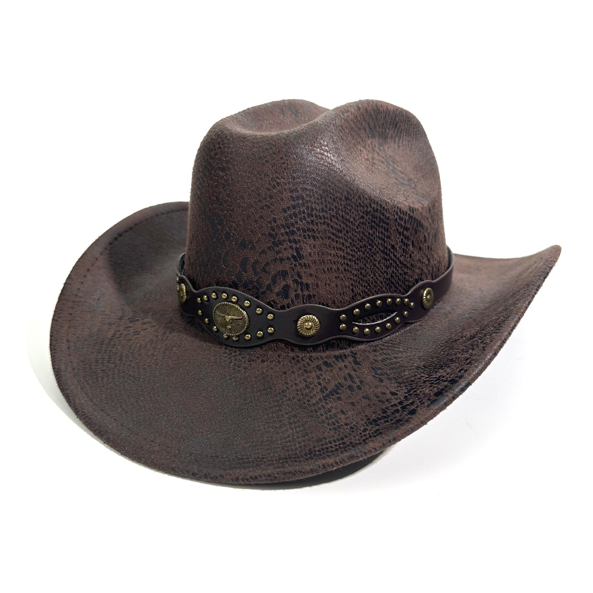 

Hat Ethnic Style Bull Head Label Western Cowboy Hat Wind Big Brim Retro Riding Jazz Hat M（56-58cm） темно-коричневого кольору