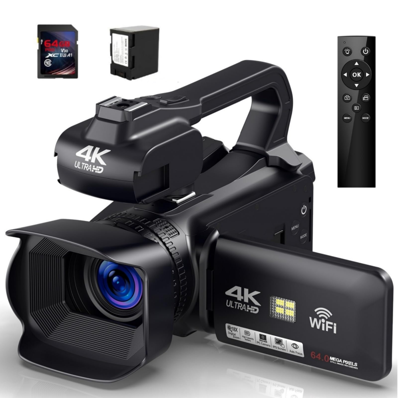 

Відеокамера 4K 60FPS Ultra HD з пультом дистанційного керування YouTube 18X Цифровий AF Пауза HDMI Ручна 64 ГБ SD Японська інструкція 64.0 МП WIFI, 2.4G Керування,