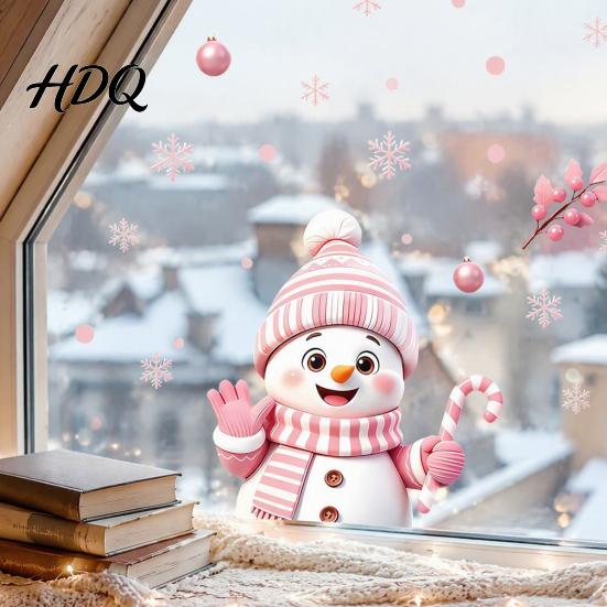 Creative Christmas Gift for Friends Snowman Static Glass Stickers Decorative Pink Decals Waterproof PVC Window Clings Home Holiday Party And