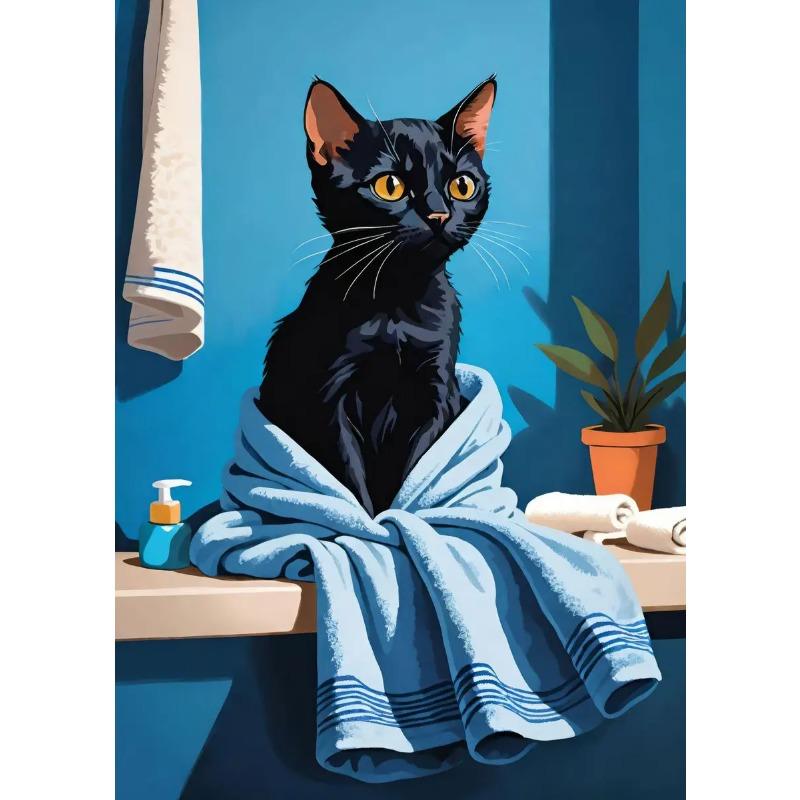 Cute Bathroom Cat Poster Print Canvas Painting Modern Funny Kitten Wearing Bathrobe Wall Art Pictures for Toilet Room Home Decor