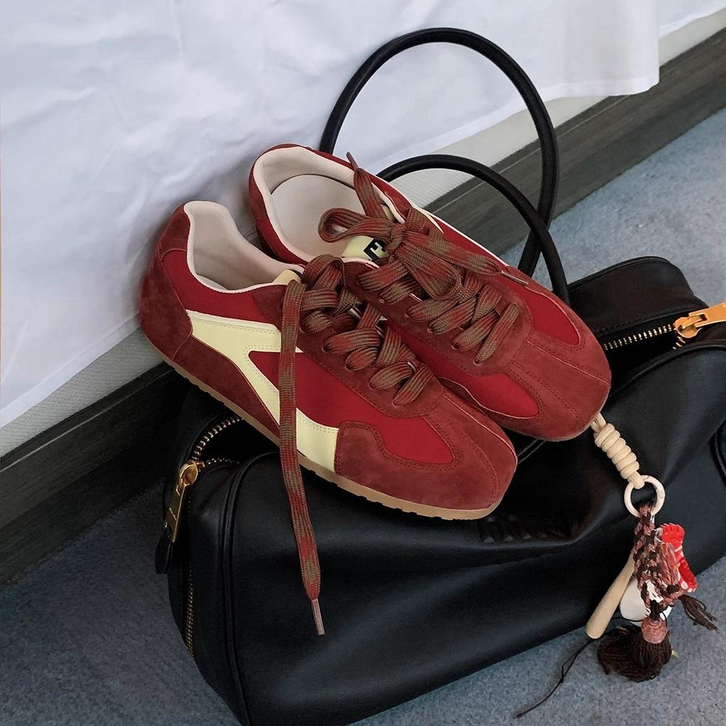 Korean Atmosphere~ Soft Leather Retro Inner Height Increase Color Matching German Training Shoes Women's Fashionable Casual Style Lace-up Forrest Gum